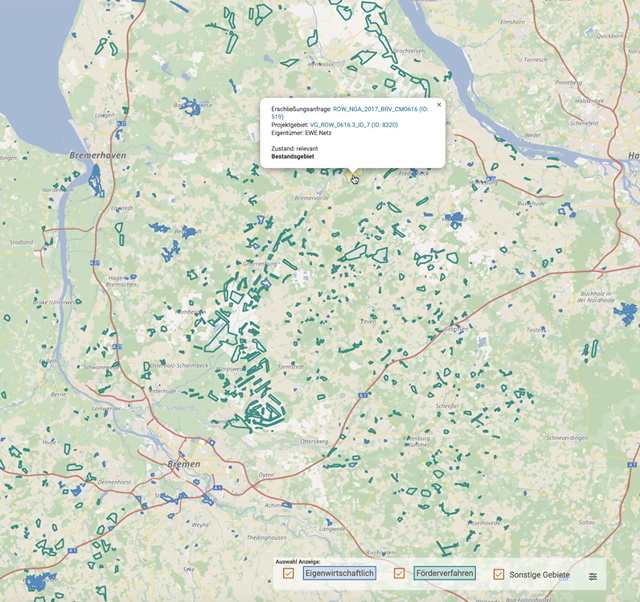 Screenshot der Regionalen Karte mit Markierung aller erschlossenen Gebiete