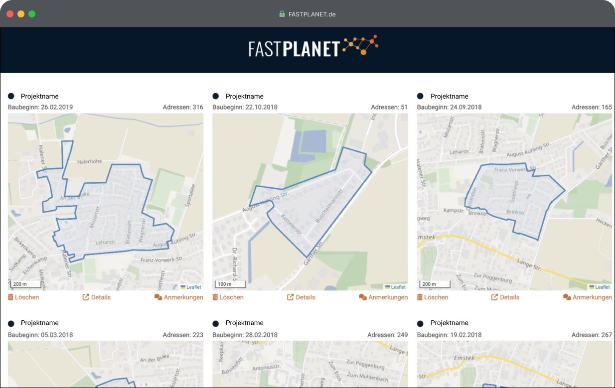 Ein Screenshot aus der Fastplanet Software, der die Projektübersichtsseite zeigt