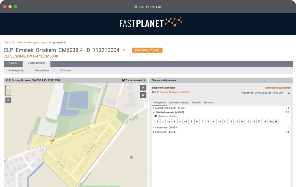 Screenshot der Fast Planet Software mit Kerndaten und Kartenansicht des zu erschließenden Gebietes